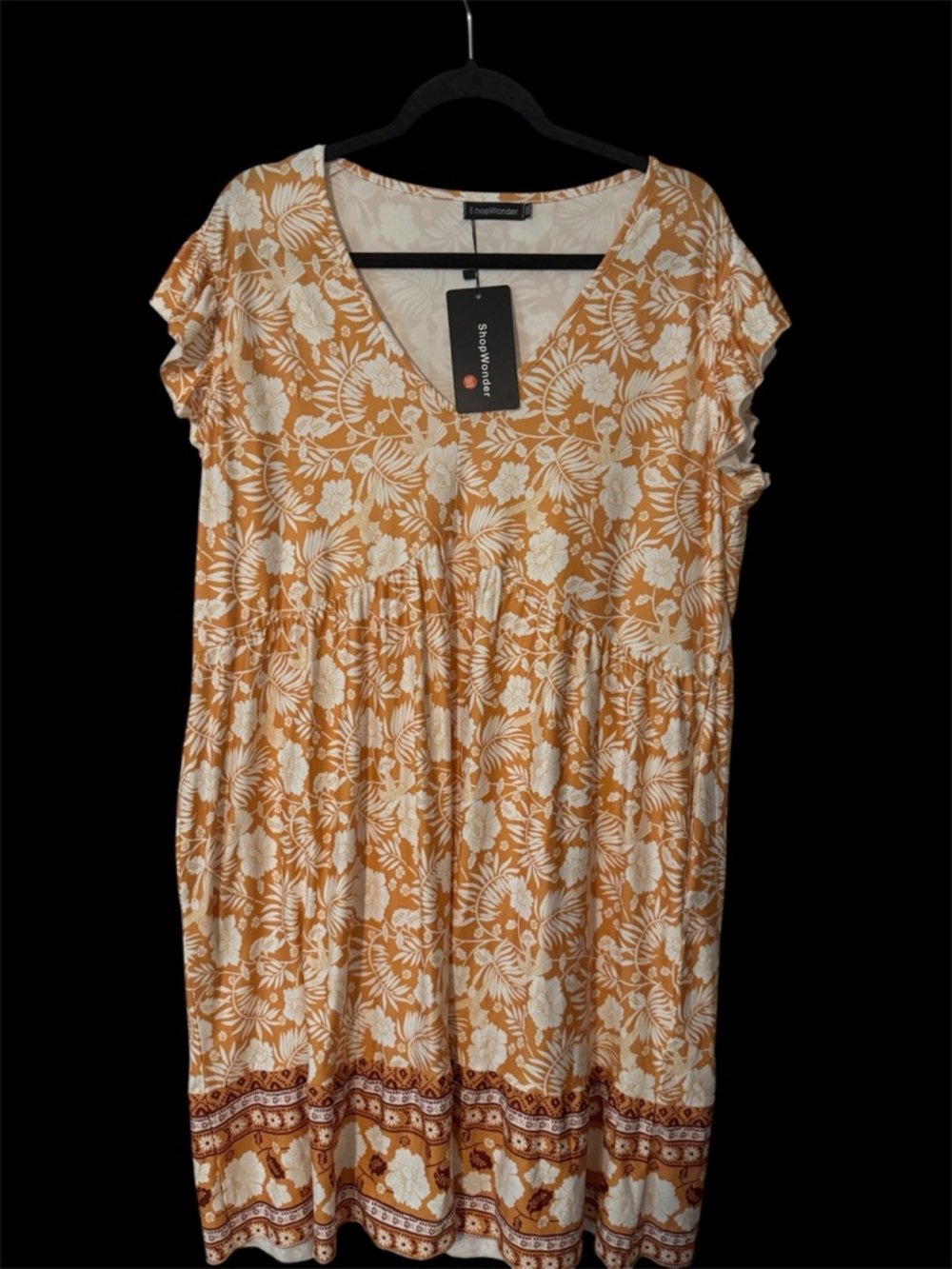 Shop Wonder Floral V-Neck Short Sleeve Dress in Butterscotch and White